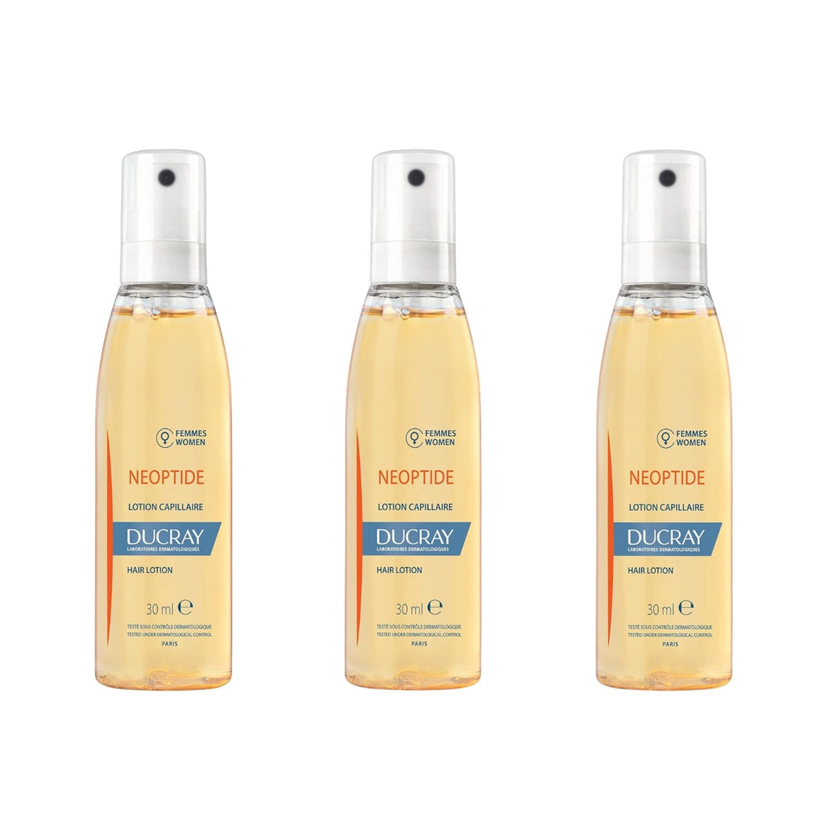 Refect Beauty Ducray Neoptide anti-hair loss lotion for women in three 30ml spray bottles for scalp treatment.