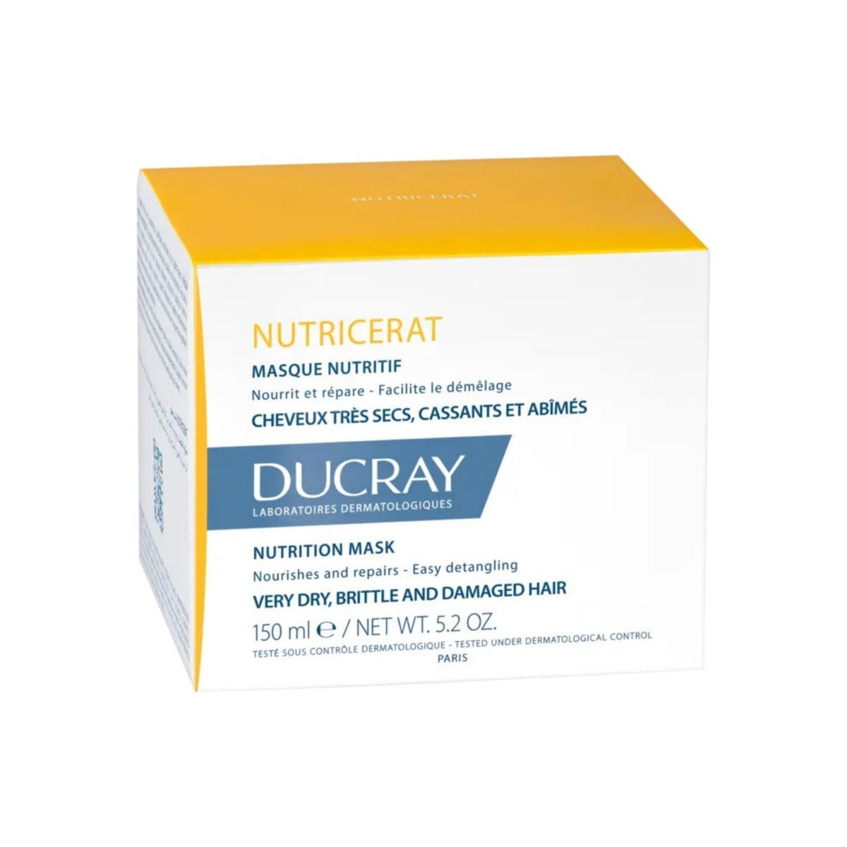 Refect Beauty Ducray Nutricerat Nourishing Mask for very dry, brittle, and damaged hair in a 150ml white and yellow jar