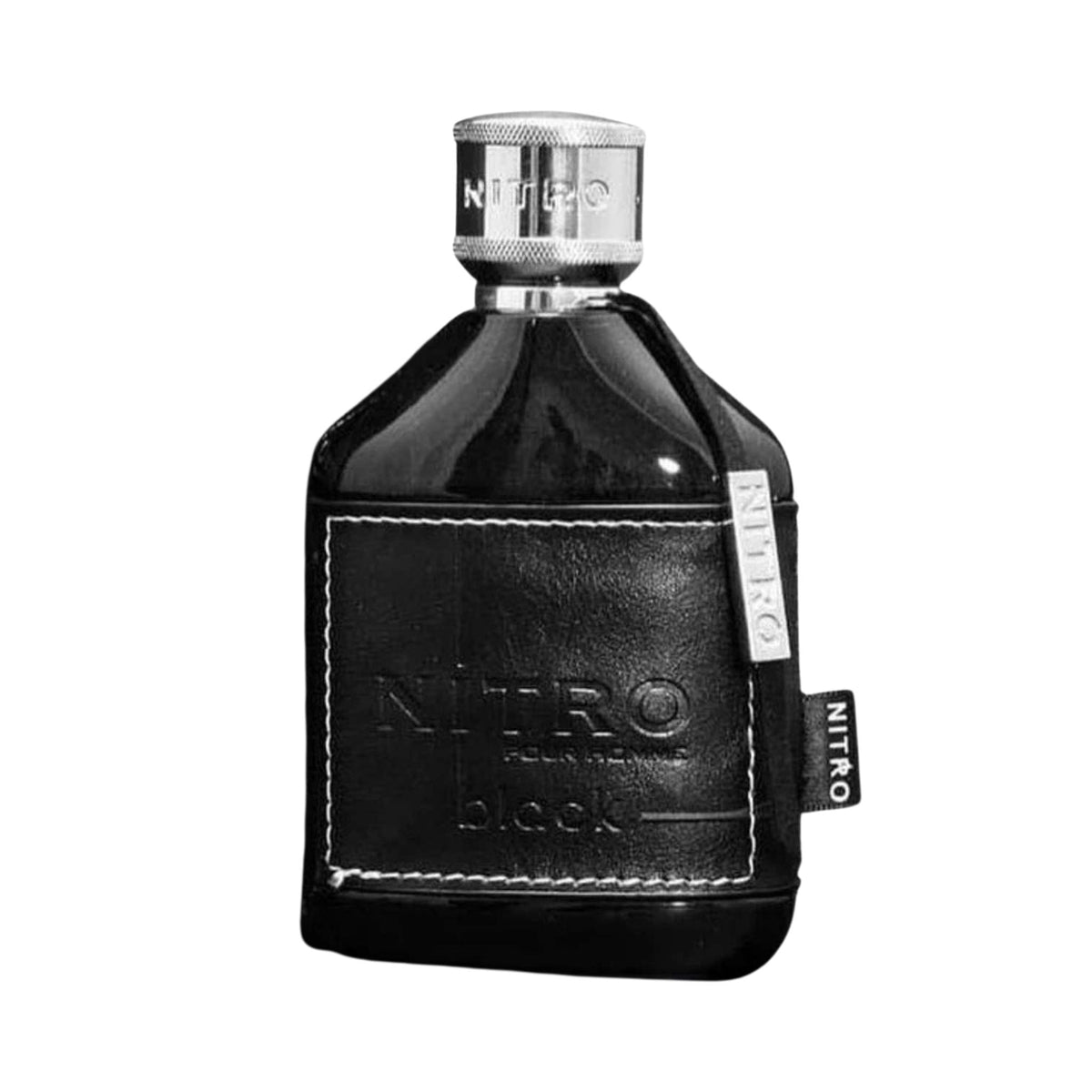 Refect Beauty Dumont Nitro Black eau de parfum in a sleek black bottle with leather-like texture and silver cap.