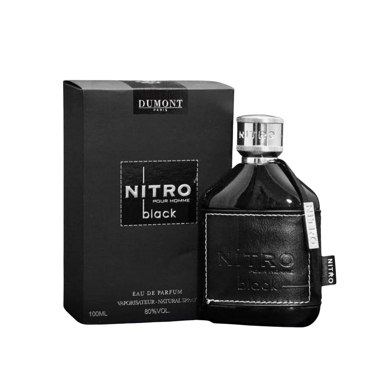 Refect Beauty Dumont Nitro Black eau de parfum bottle and black box packaging with leather-like textured detail