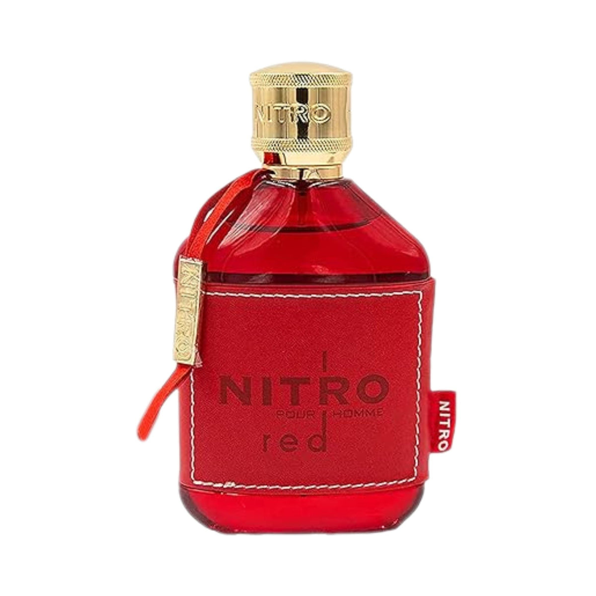 Refect Beauty Dumont Nitro Red Eau de Parfum in a vibrant red glass bottle with a gold cap and leather-like sleeve.