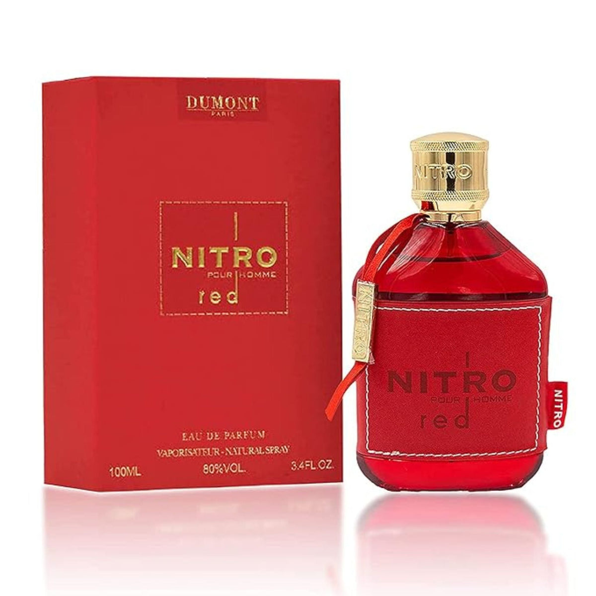 Refect Beauty Dumont Nitro Red Eau de Parfum in a vibrant red bottle with gold cap and matching red gift box.