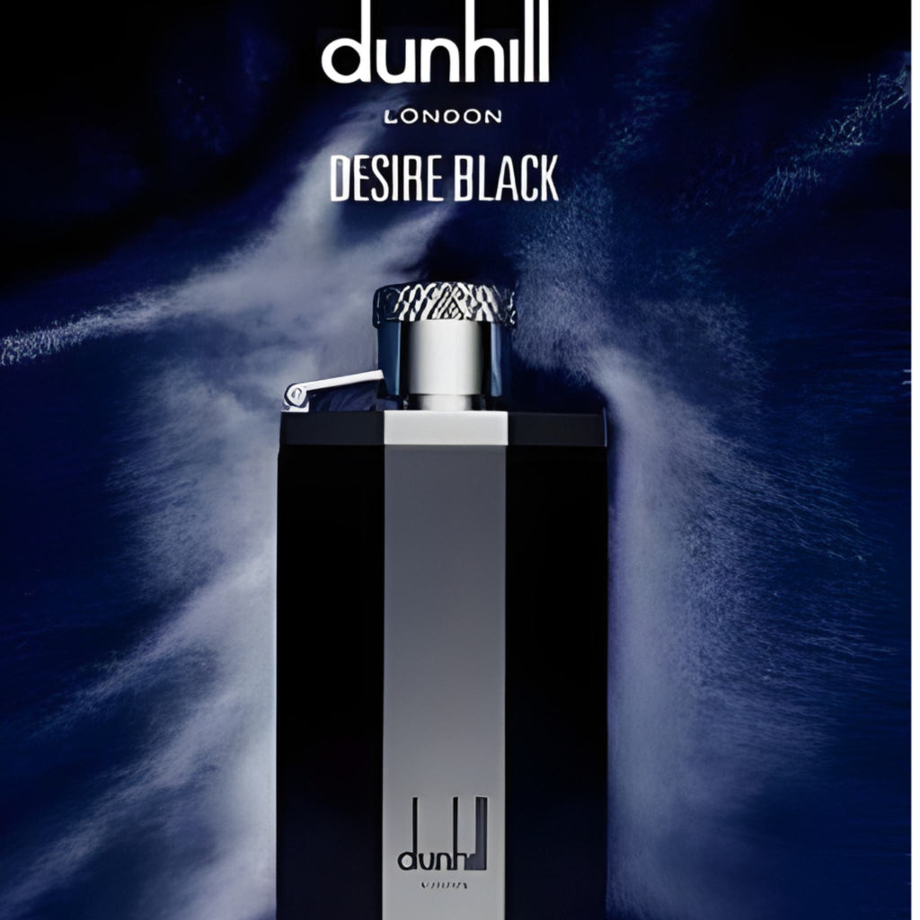 Refect Beauty Dunhill Desire Black Eau de Toilette in a sleek black bottle against a dark, smoky blue background.