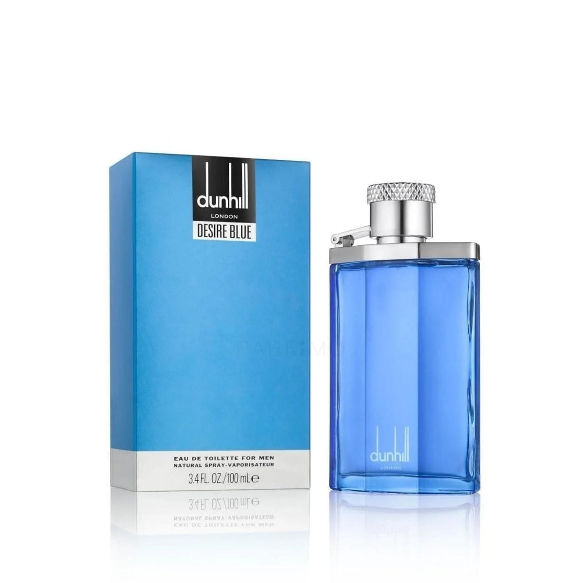 Refect Beauty Dunhill Desire Blue Eau de Toilette in a vibrant blue glass bottle next to its matching blue box.