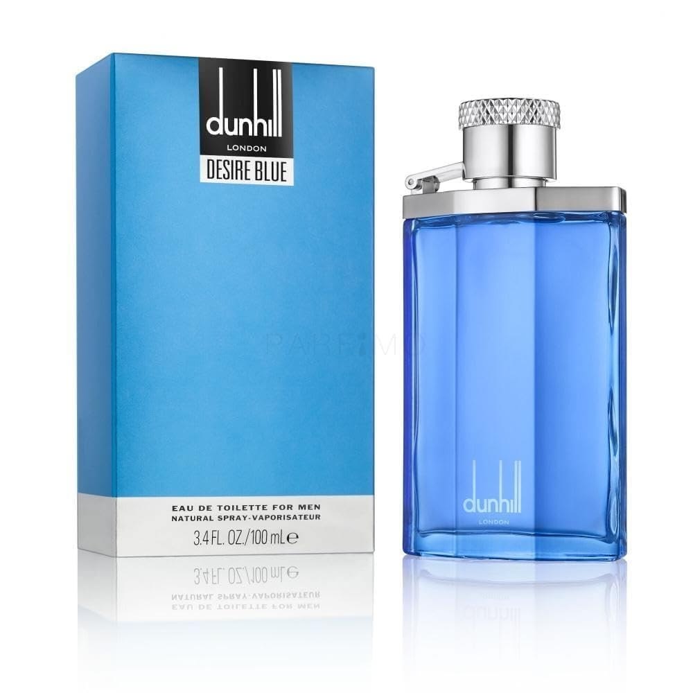 Refect Beauty Dunhill Desire Blue Eau de Toilette in a vibrant blue glass bottle with its matching rectangular box.