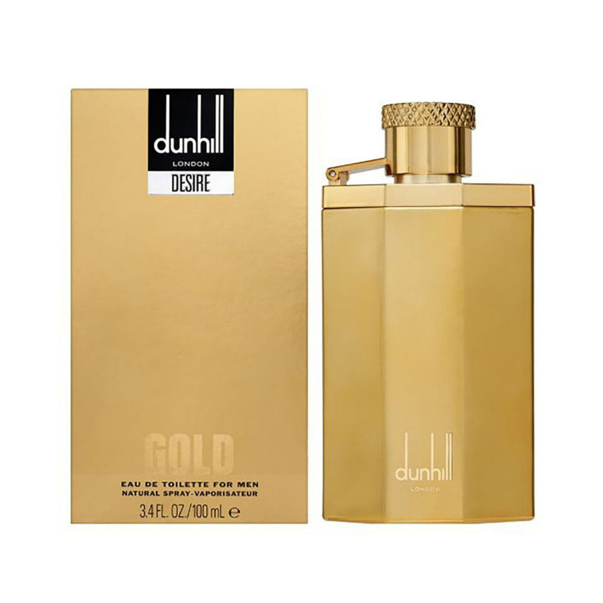 Refect Beauty Dunhill Desire Gold Eau de Toilette for men in a metallic gold bottle with matching box packaging.