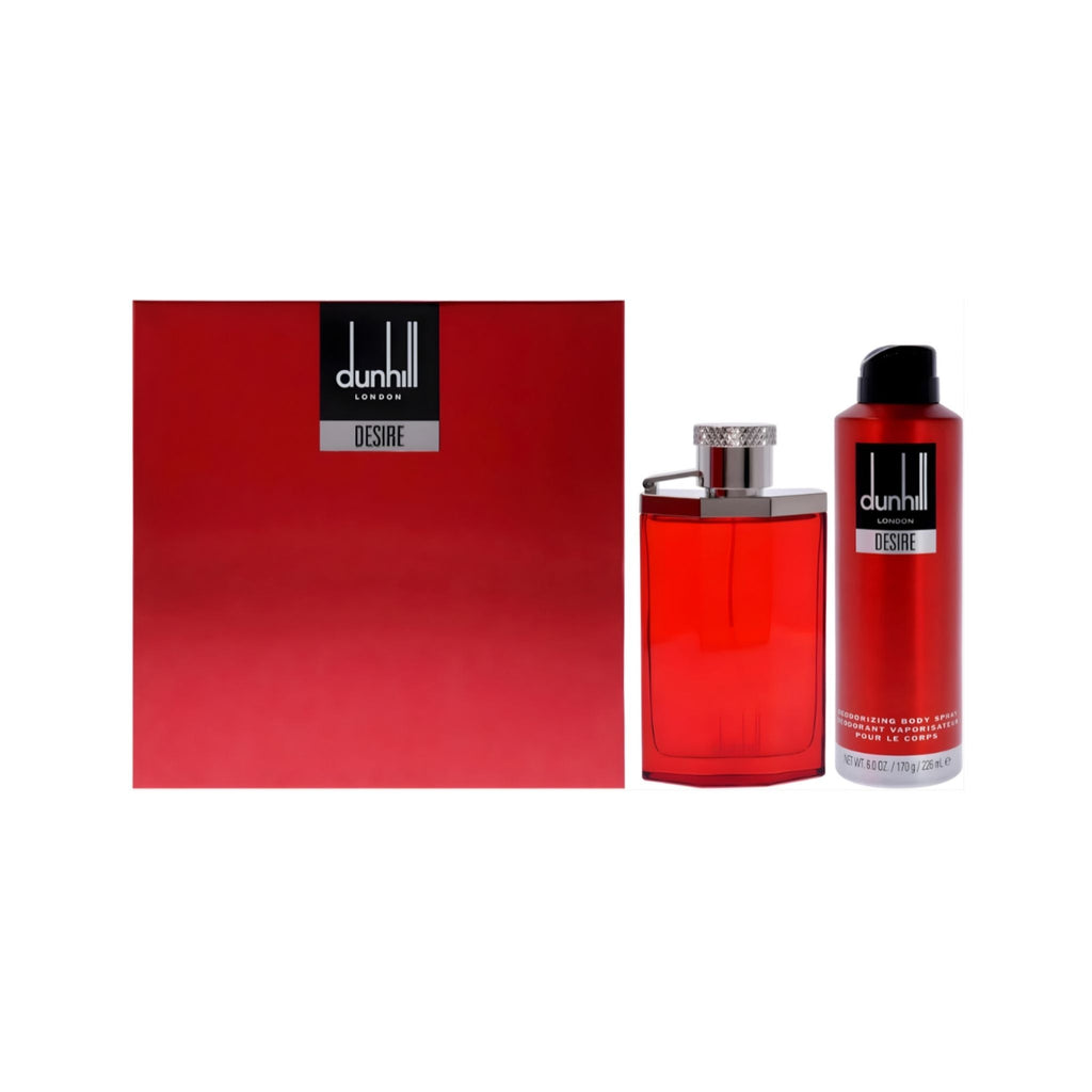 Refect Beauty Dunhill London Desire Red gift set featuring a 100ml Eau de Toilette bottle and 226ml deodorant spray.