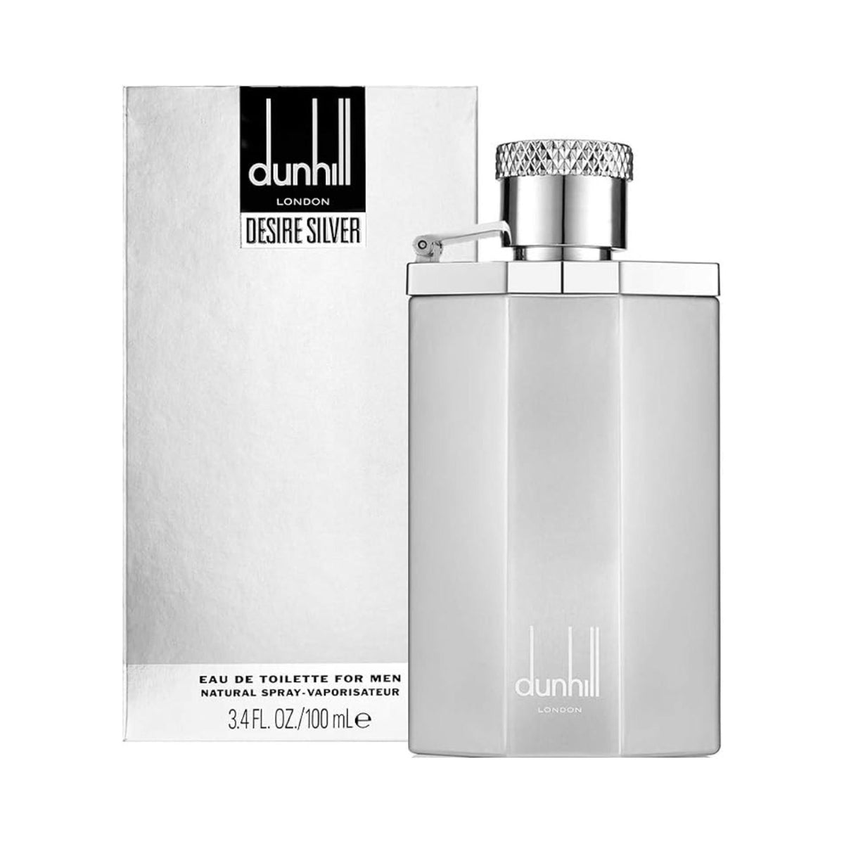 Refect Beauty Dunhill Desire Silver Eau de Toilette 100ml bottle with its metallic silver box packaging.