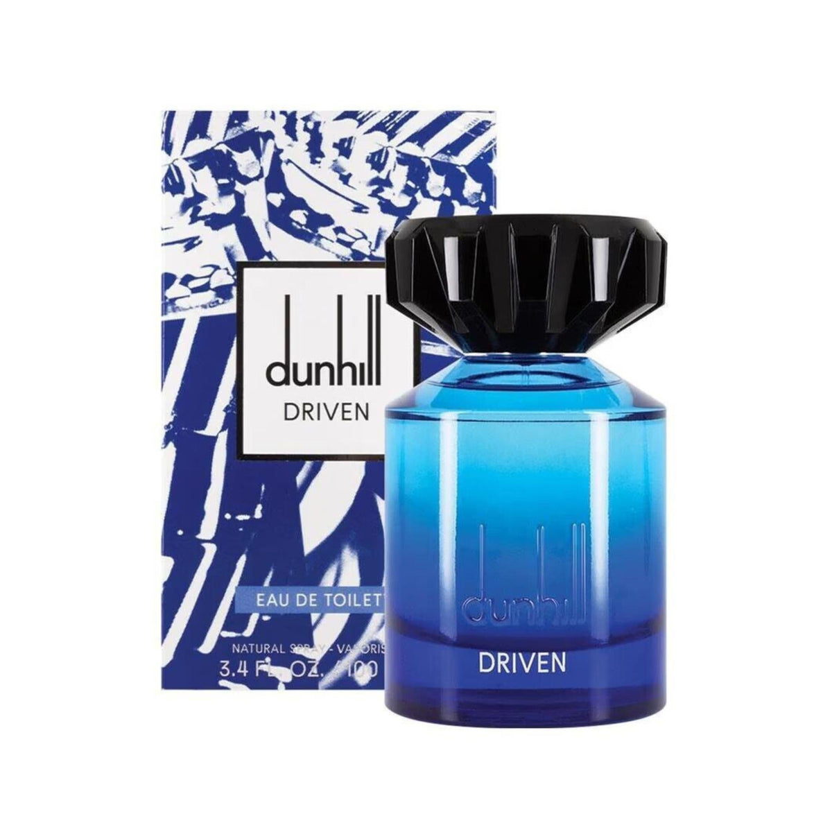 Refect Beauty Dunhill Driven Blue Eau de Toilette bottle with matching blue and white patterned fragrance box