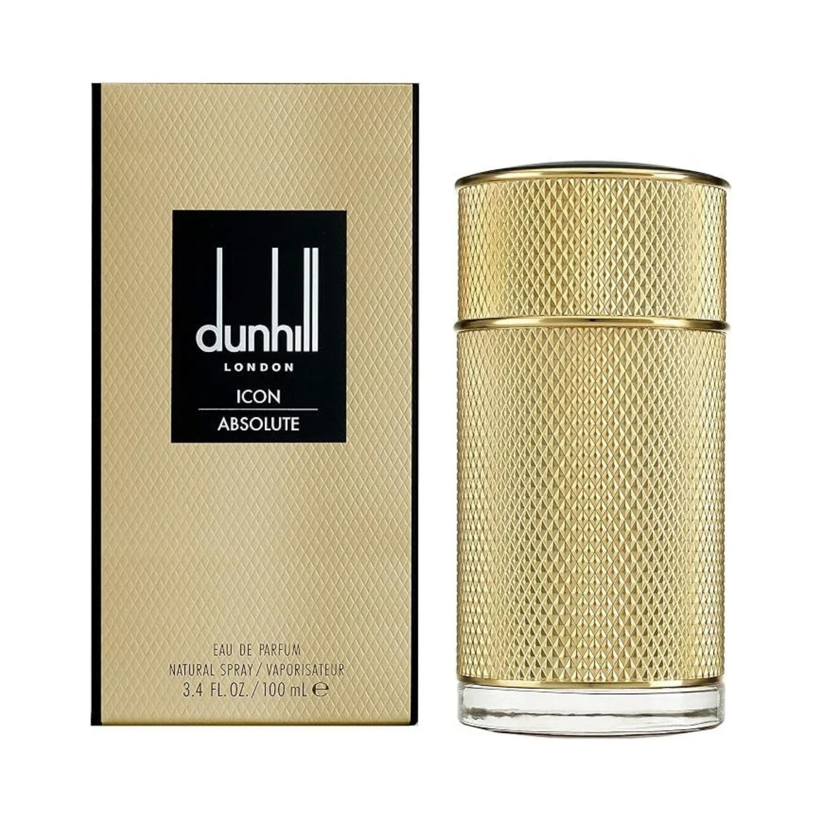 Refect Beauty Dunhill Icon Absolute Eau de Parfum bottle and gold textured box for a luxurious masculine fragrance.