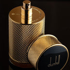 Refect Beauty Dunhill Icon Absolute Eau de Parfum in a cylindrical gold bottle with a textured diamond pattern