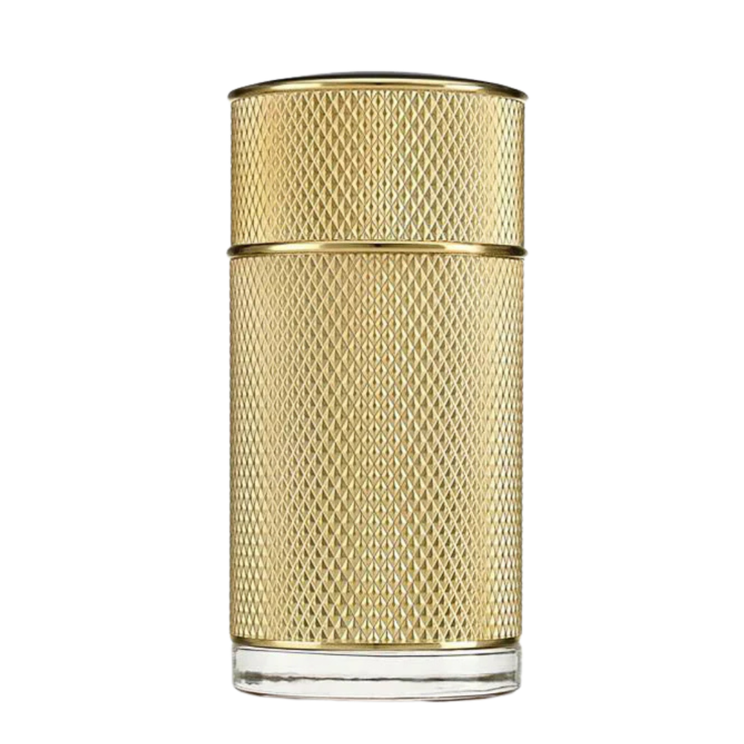 Refect Beauty Dunhill Icon Absolute Eau de Parfum in a cylindrical gold bottle with a textured diamond pattern.