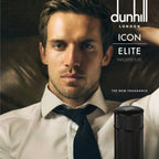Refect Beauty Dunhill Icon Elite Eau de Parfum bottle featuring a man in a white shirt and tie in a luxury setting.