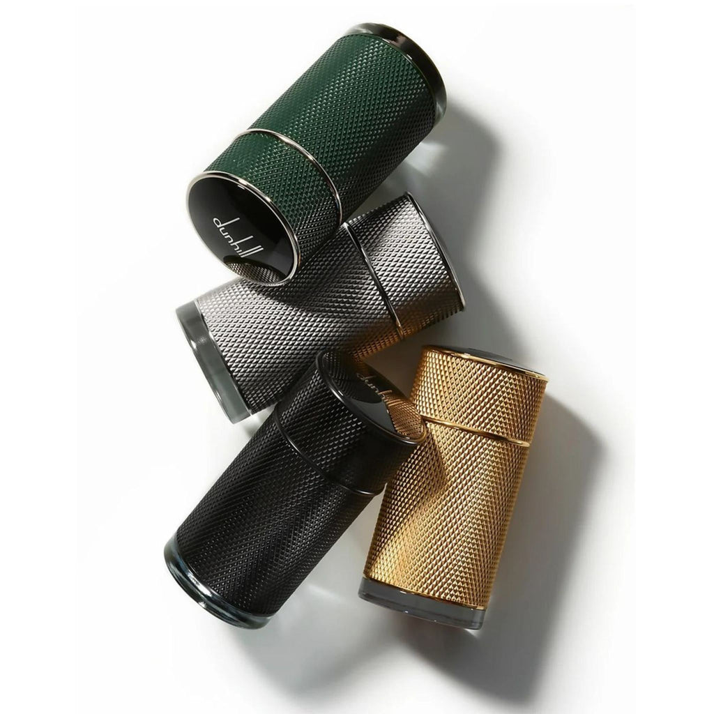 Refect Beauty Dunhill Icon Eau de Parfum collection featuring four textured metallic fragrance bottles in various colors