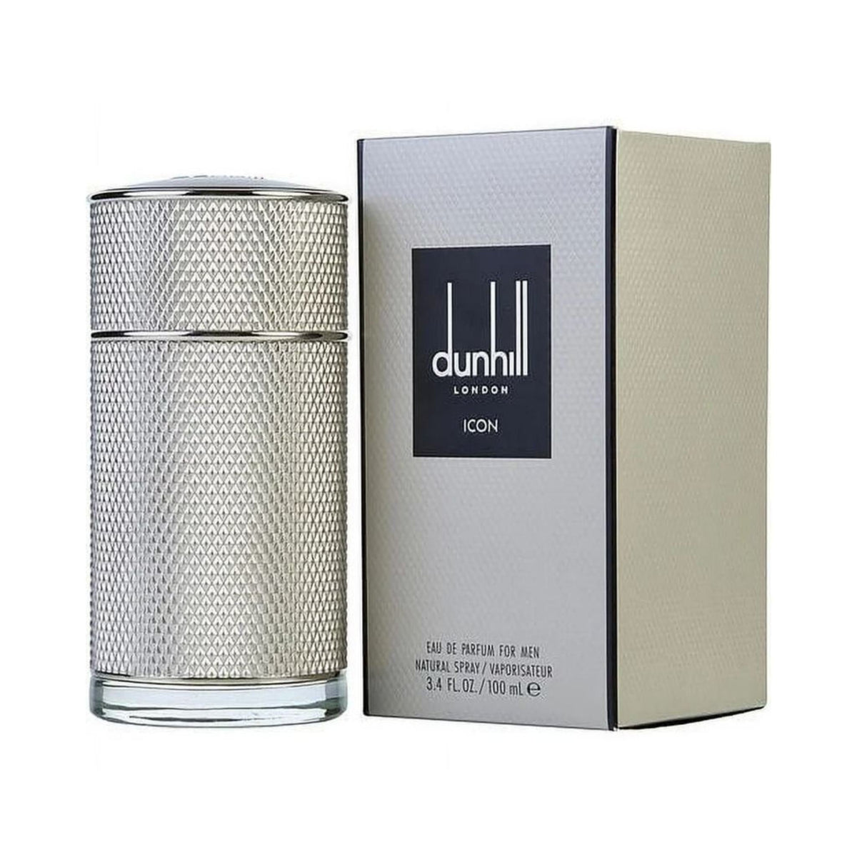 Refect Beauty Dunhill Icon Eau de Parfum for men in a silver textured metal bottle with its matching product box.