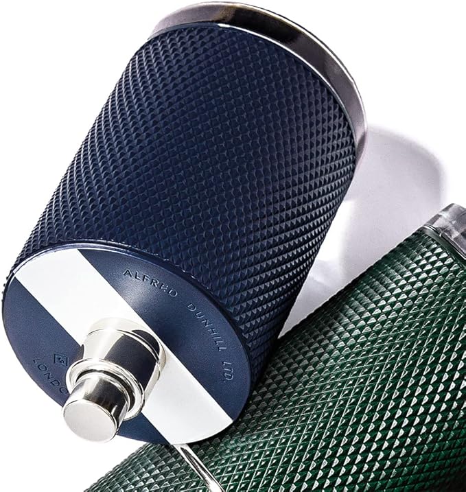 Refect Beauty Dunhill Icon Racing Blue Eau de Parfum in a textured navy blue cylindrical bottle with silver accents.