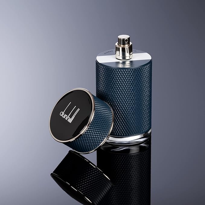 Refect Beauty Dunhill Icon Racing Blue Eau de Parfum in a textured blue cylindrical bottle with a matching cap.