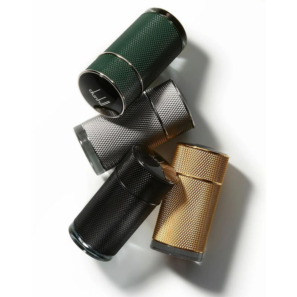 Refect Beauty collection of Dunhill Icon Racing Eau de Parfum bottles in green, silver, black, and gold textures.