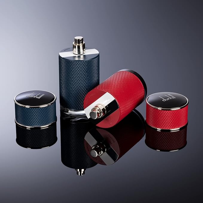 Refect Beauty Dunhill Icon Racing blue and red textured perfume bottles with matching caps on a reflective surface