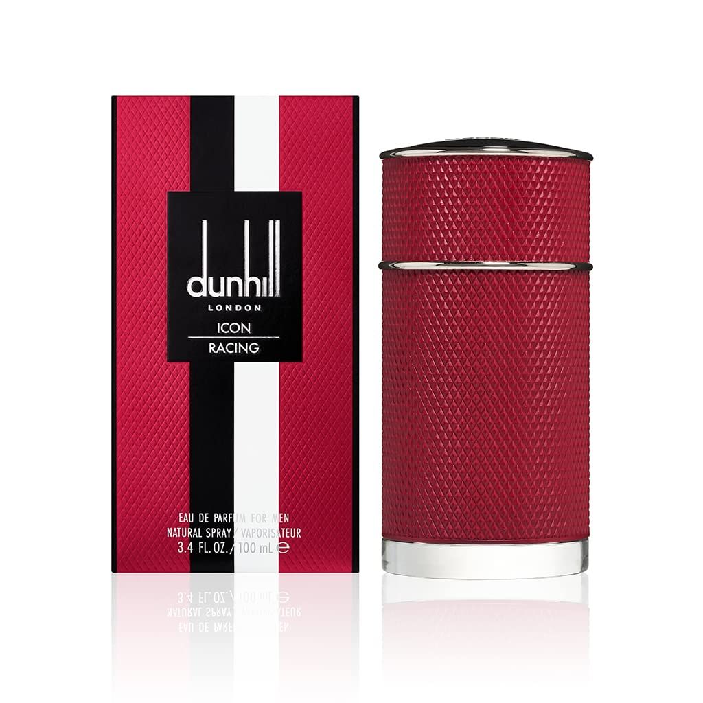 Refect Beauty Dunhill Icon Racing Red Eau de Parfum bottle and box with textured red finish and racing stripe design