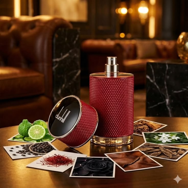 Refect Beauty Dunhill Icon Racing Red Eau de Parfum bottle with textured red finish surrounded by fragrance note cards