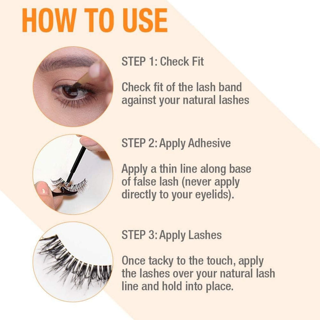 Refect Beauty Duo Dark Brush On Adhesive application guide showing three steps for applying false lashes