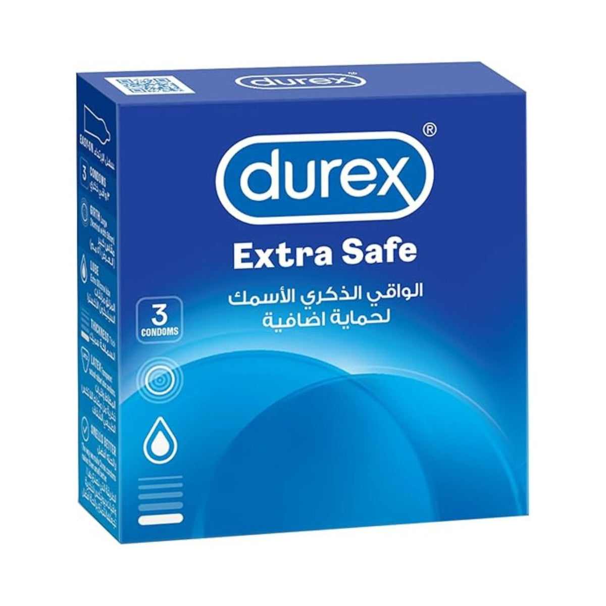 Refect Beauty Durex Extra Safe condoms box featuring blue packaging with 3 count label and enhanced protection details