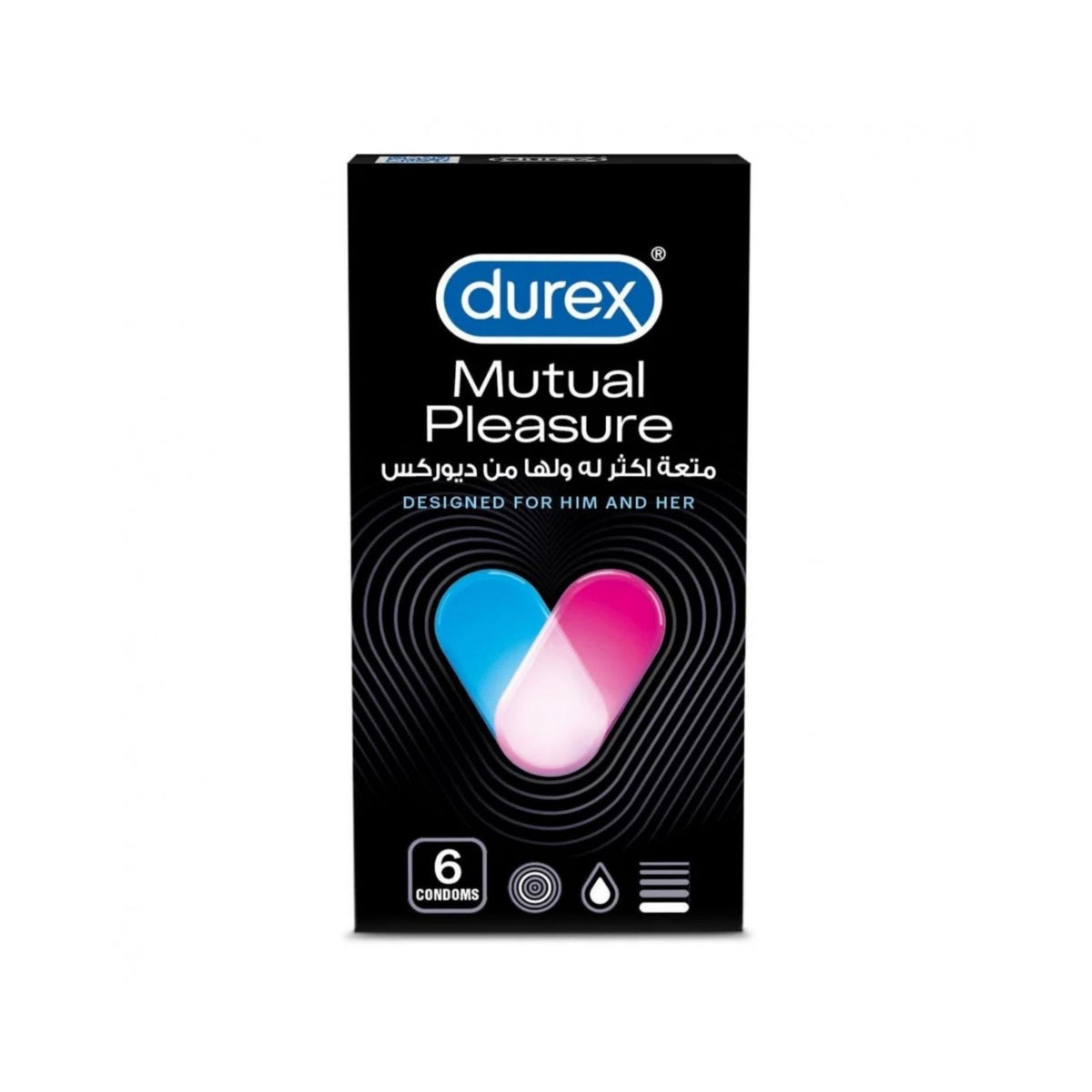 Refect Beauty Durex Mutual Pleasure condom box with 6 pieces, featuring ribbed and dotted texture design.