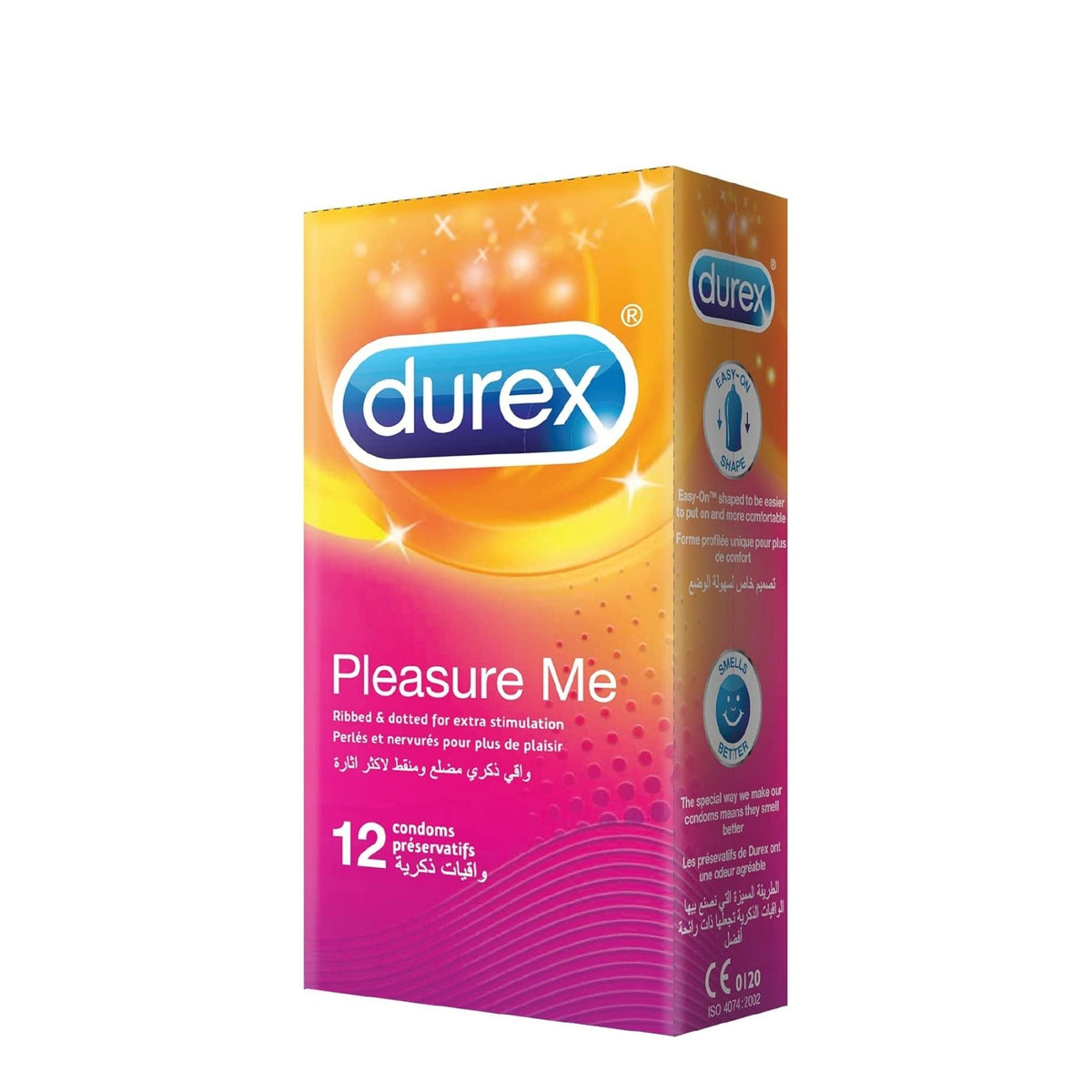Refect Beauty Durex Pleasure Me ribbed and dotted condoms in a 12-piece orange and pink box packaging