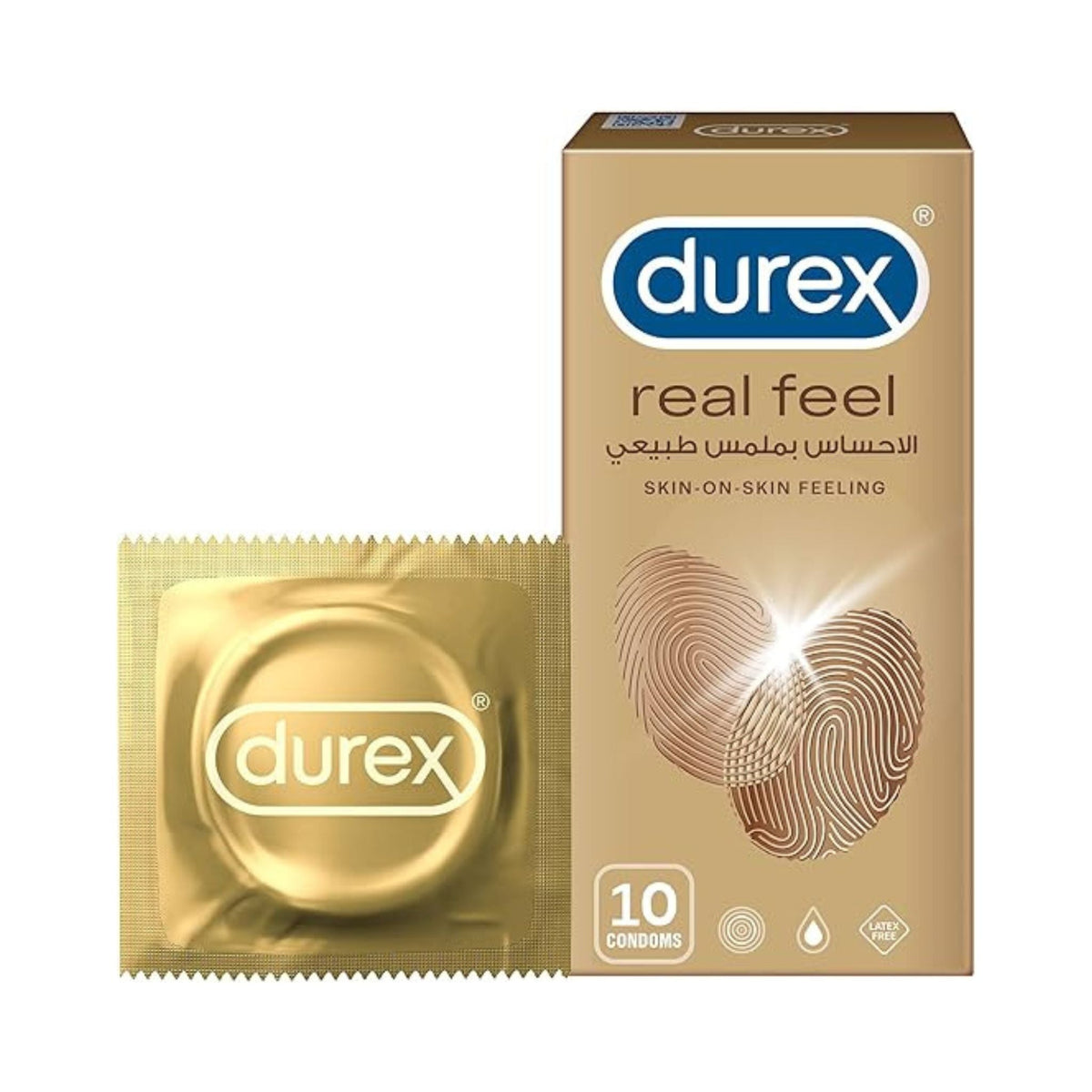 Refect Beauty Durex Real Feel non-latex polyisoprene condoms in a 10-piece gold box with an individual gold wrapper.