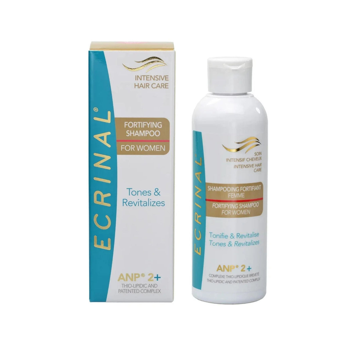 Refect Beauty Ecrinal ANP 2+ fortifying shampoo bottle and packaging box for women to strengthen and revitalize hair.