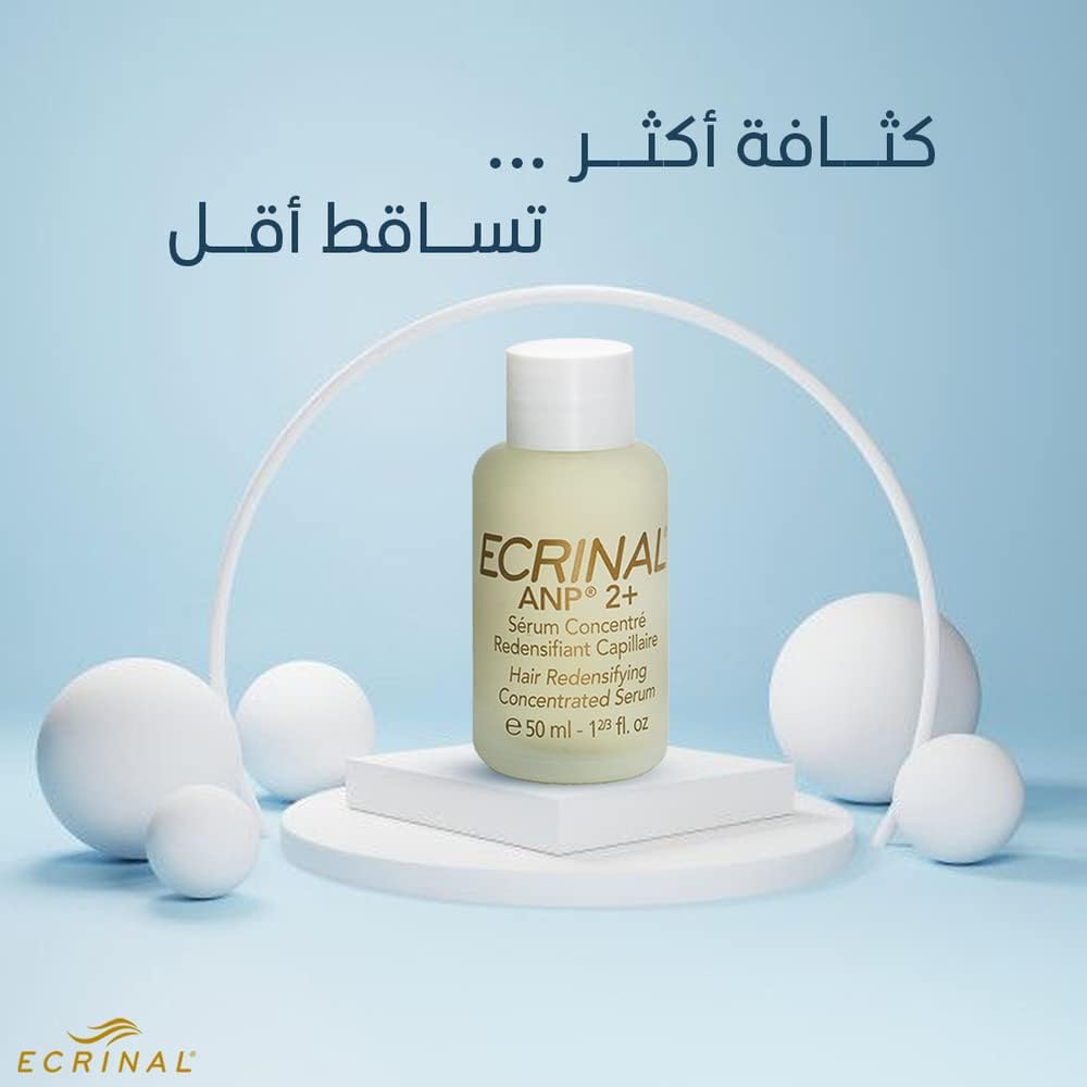 Refect Beauty Ecrinal Concentrated Serum bottle on a white pedestal against a light blue background with spheres.