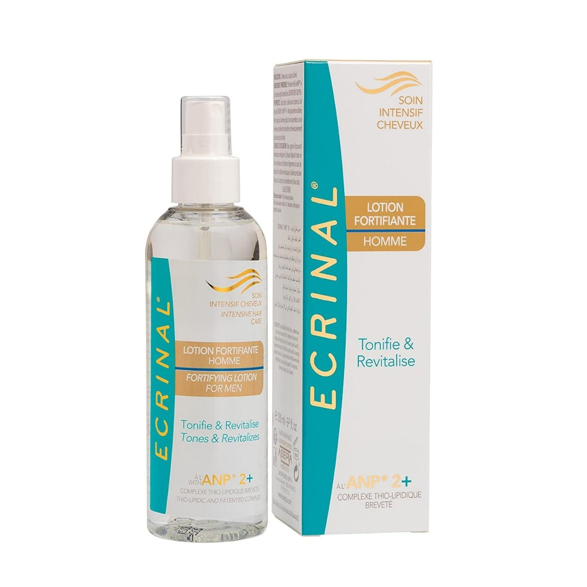 Refect Beauty Ecrinal intensive hair care fortifying lotion for men in a clear spray bottle with its white packaging box.