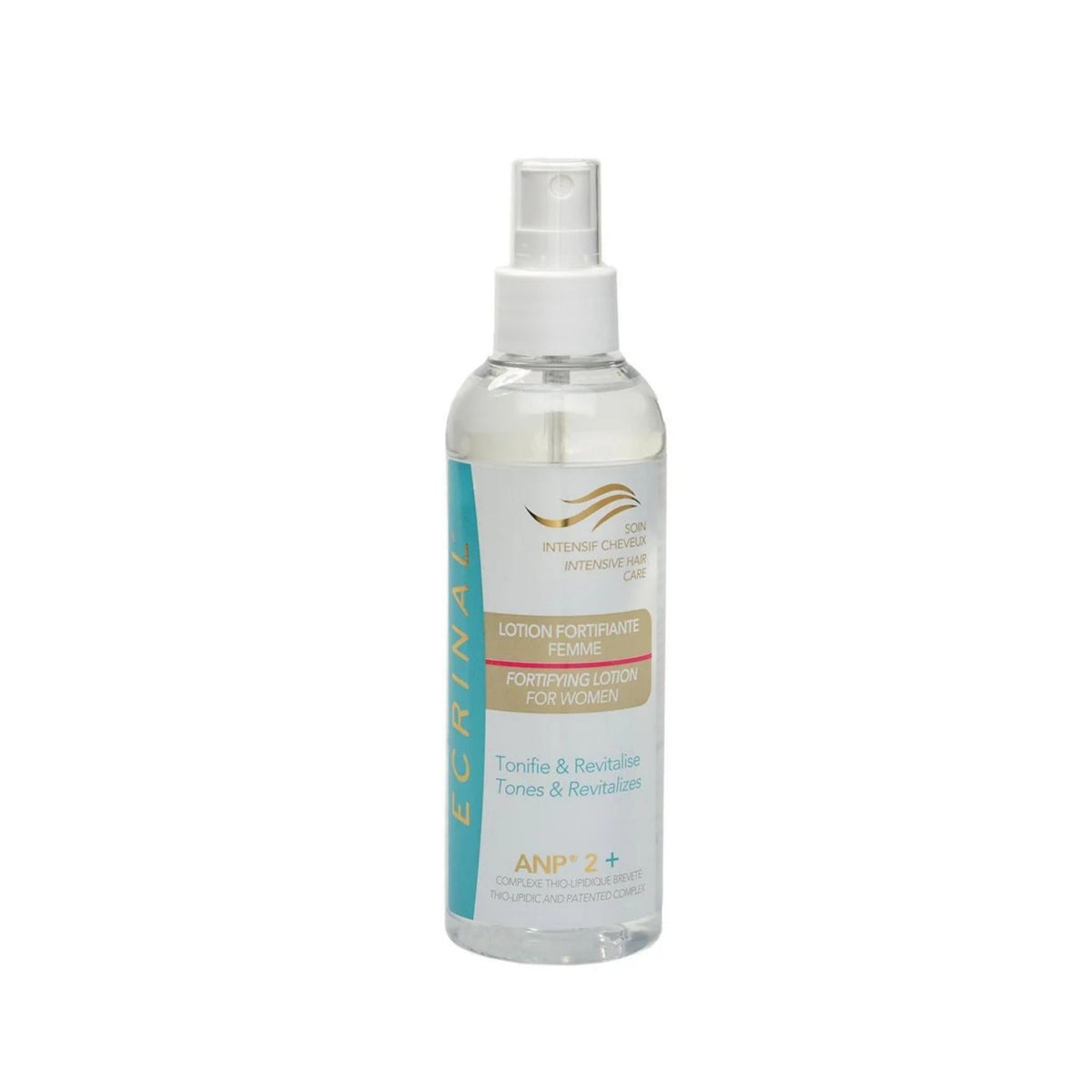 Refect Beauty Ecrinal ANP2+ fortifying hair lotion in a clear spray bottle for thinning hair treatment.