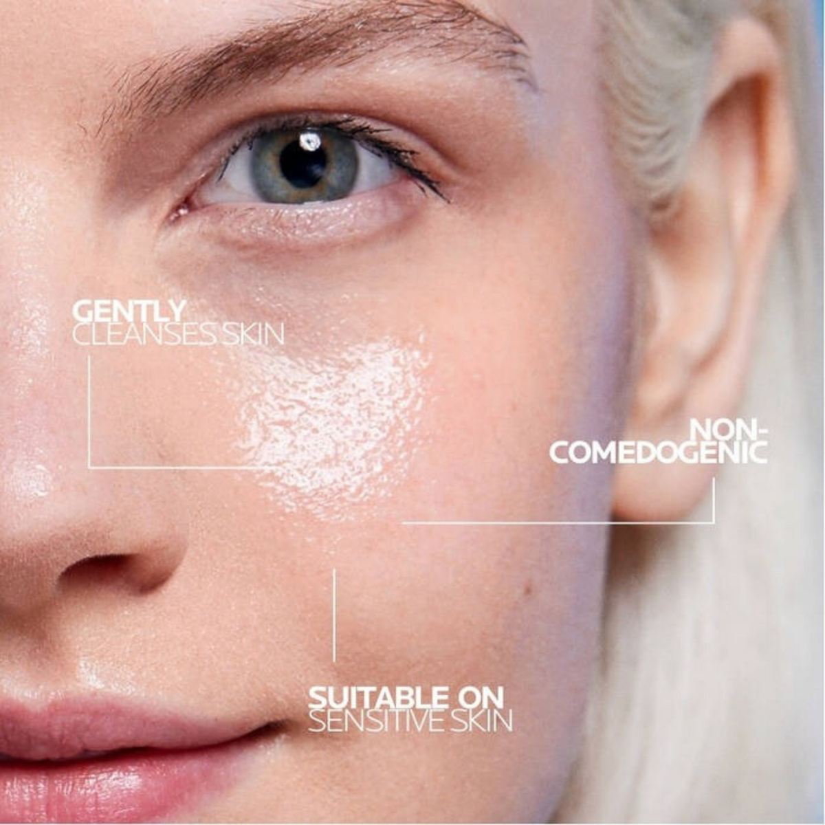 Refect Beauty La Roche-Posay Effaclar Micellar Water applied to a woman's cheek, showing gentle, non-comedogenic care.