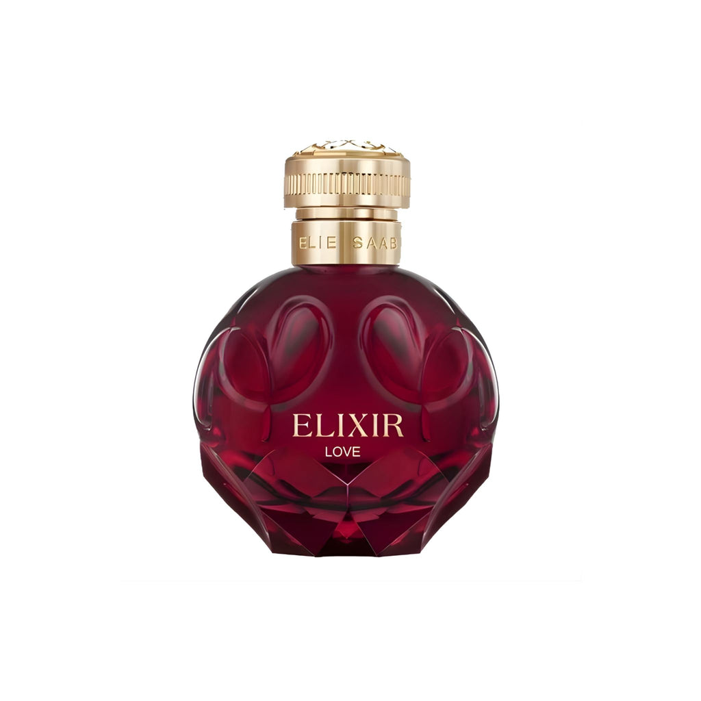 Refect Beauty Elie Saab Elixir Love perfume in a deep red glass bottle with a gold cap and embossed floral details.
