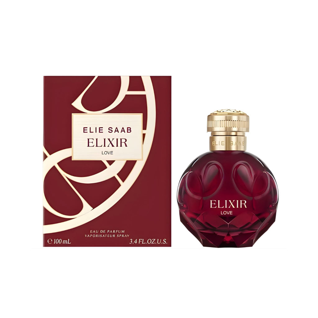 Refect Beauty Elie Saab Elixir Love Eau de Parfum bottle and box featuring a deep red glass design and gold cap.