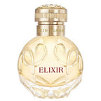 Refect Beauty Elie Saab Elixir Eau de Parfum in a round glass bottle with a gold cap and floral embossed design
