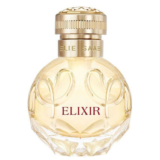 Refect Beauty Elie Saab Elixir Eau de Parfum in a round glass bottle with a gold cap and floral embossed design