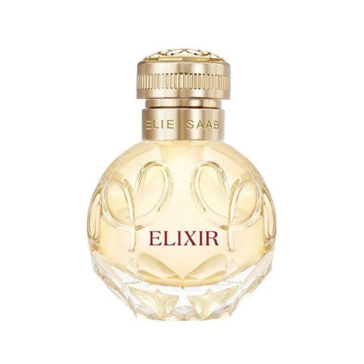 Refect Beauty Elie Saab Elixir Eau de Parfum in a round glass bottle with a gold cap and embossed floral details.