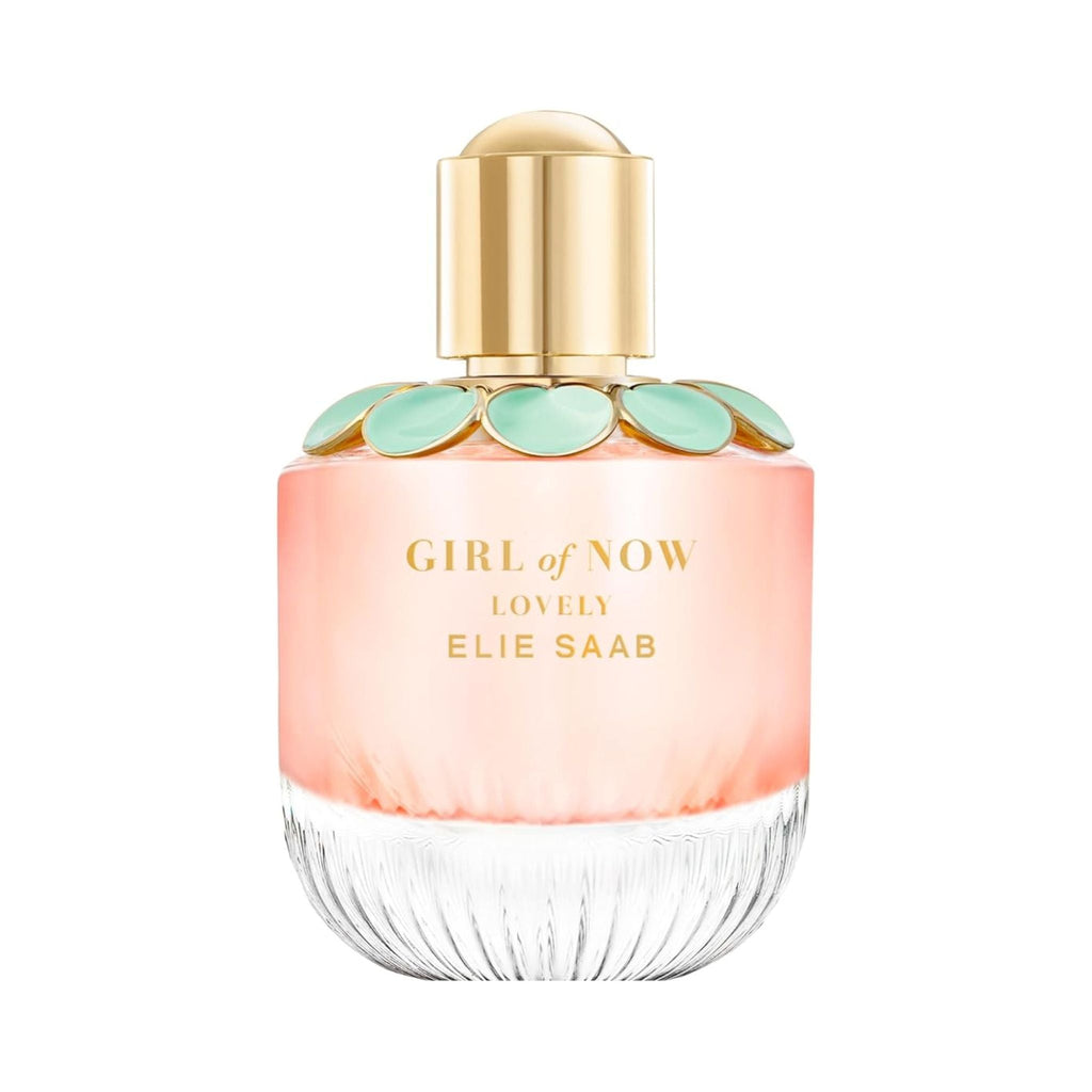 Refect Beauty Elie Saab Girl of Now Lovely perfume bottle with a soft pink glass base and mint green floral cap.