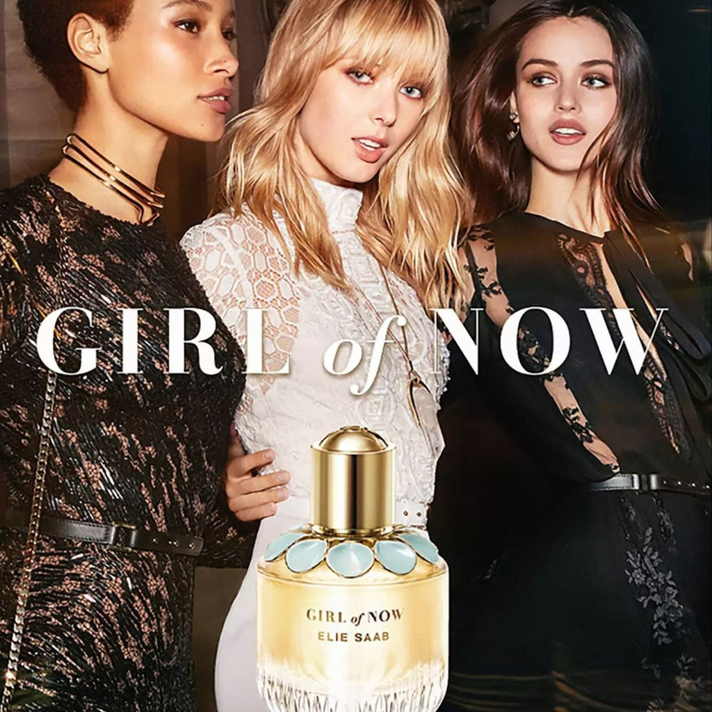Refect Beauty Elie Saab Girl Of Now perfume bottle featuring gold cap and blue floral accents with three models