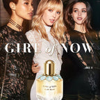 Refect Beauty Elie Saab Girl Of Now perfume bottle featuring gold cap and blue floral accents with three models