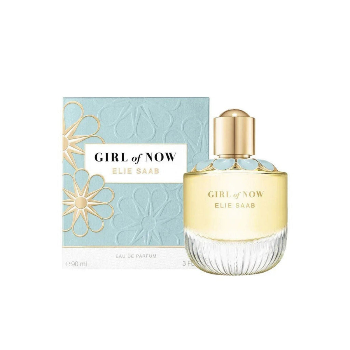 Refect Beauty Elie Saab Girl Of Now eau de parfum bottle and box with gold cap and floral blue design