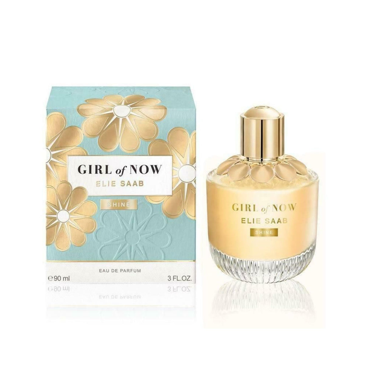 Refect Beauty Elie Saab Girl Of Now Shine eau de parfum bottle with its matching light blue and gold floral box