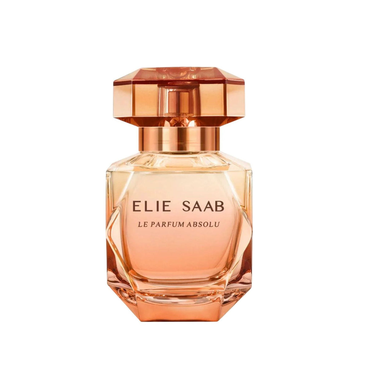 Refect Beauty Elie Saab Le Parfum Absolu eau de parfum in a faceted amber glass bottle with a metallic rose gold cap.