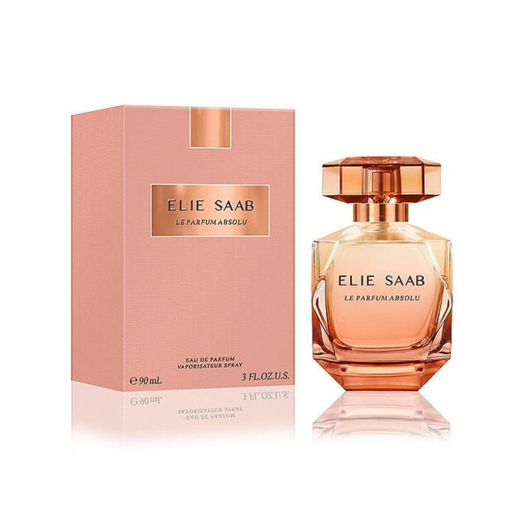 Refect Beauty Elie Saab Le Parfum Absolu Eau de Parfum bottle and pink box with amber glass and floral scent notes.