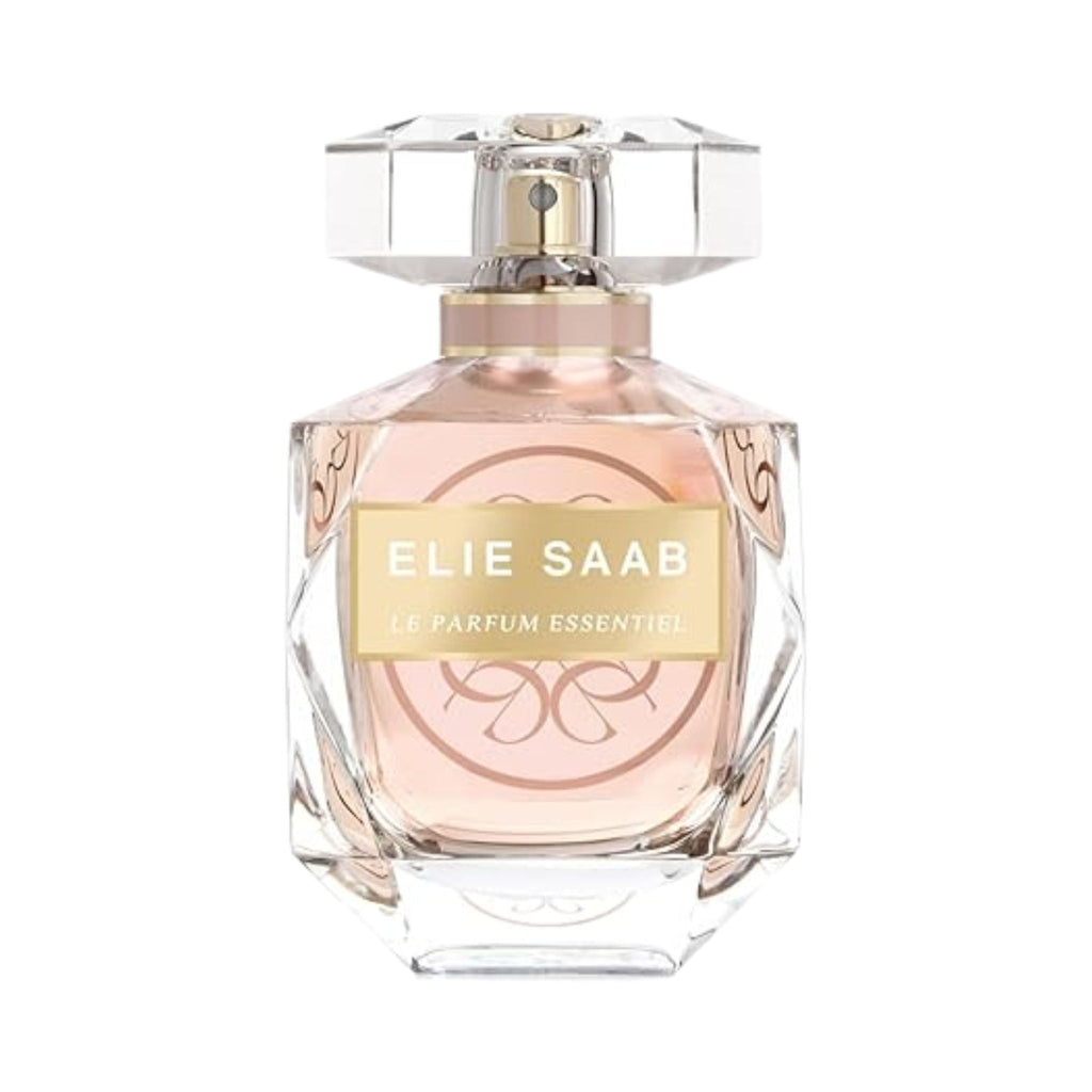Refect Beauty Elie Saab Le Parfum Essentiel eau de parfum in a faceted glass bottle with a soft pink fragrance.