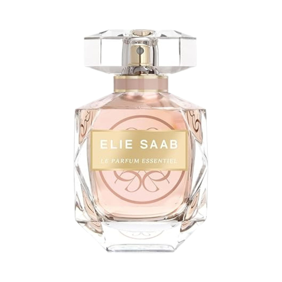 Refect Beauty Elie Saab Le Parfum Essentiel eau de parfum in a faceted glass bottle with a soft pink fragrance.