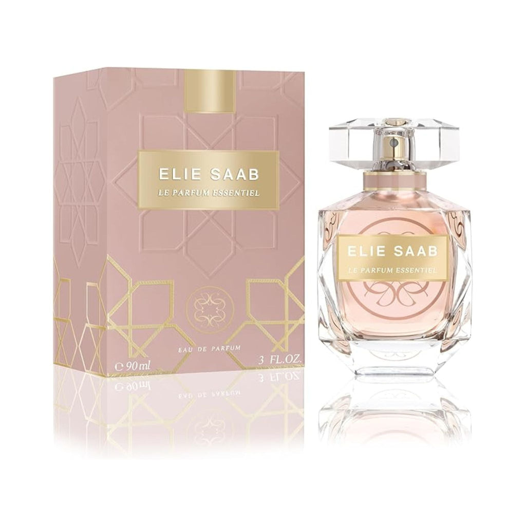 Refect Beauty Elie Saab Le Parfum Essentiel eau de parfum bottle and pink box with gold geometric details